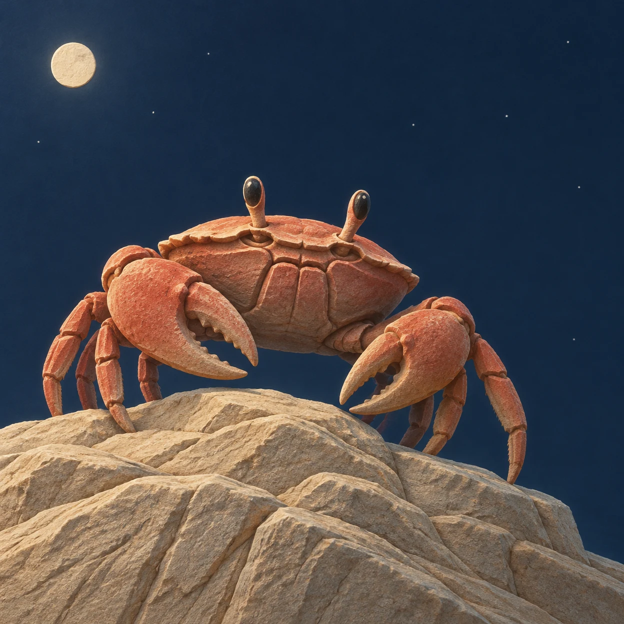 A coral-red crab stands on a broad pale sandstone rock beneath a dark blue night sky with a pale moon and scattered stars.
