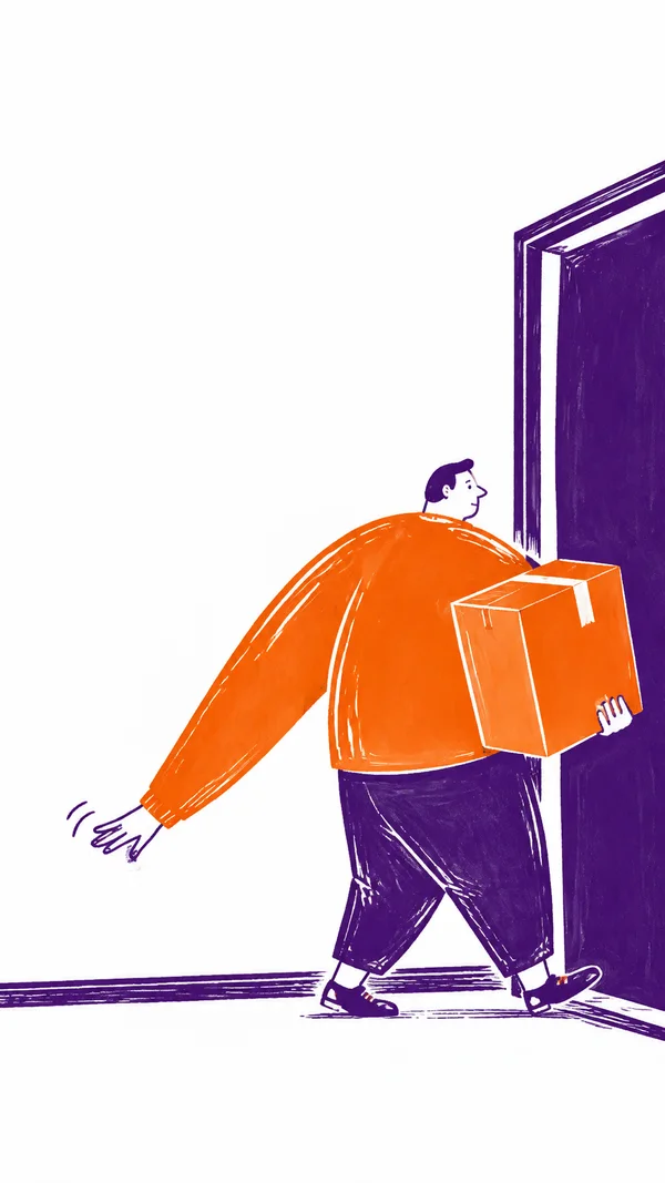 A broad-shouldered person in profile carries a large orange box toward a tall violet doorway, with one long arm trailing behind them across a mostly white wall.