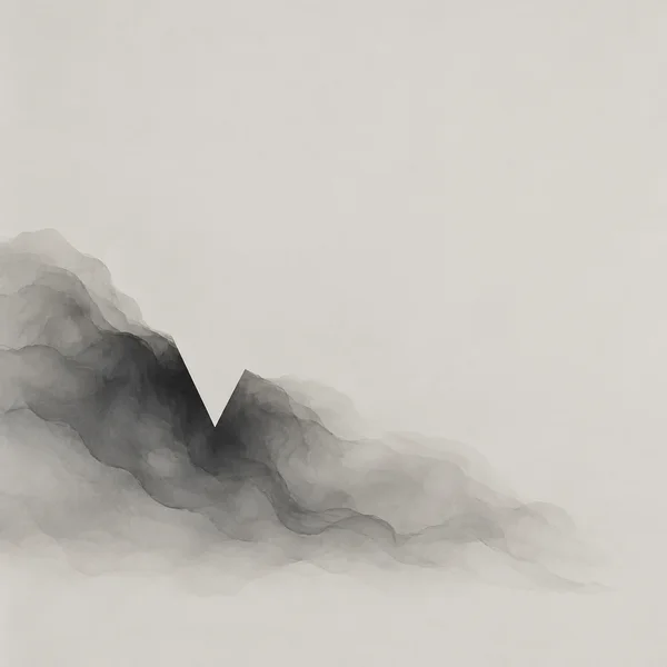 Layered translucent grey forms with dark, ridge-like folds sweep across the lower part of a pale warm-grey square, with a sharp triangular notch opening into…