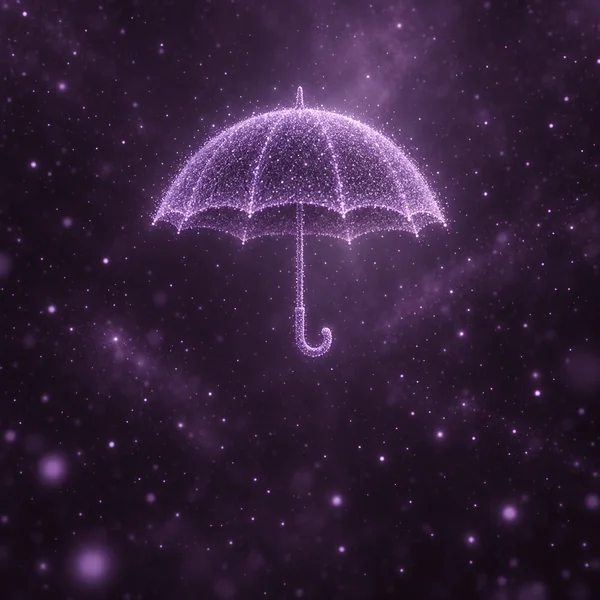A glowing umbrella formed from lilac particles floats against a dark aubergine field of scattered light points.