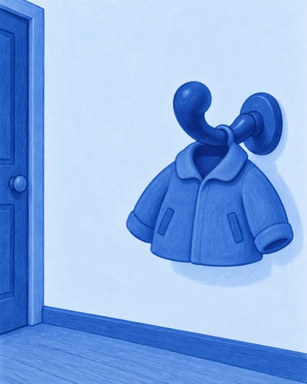 A short broad blue jacket hangs from an oversized curled blue wall hook in a pale blue entryway, with part of a paneled door at left and a strip of floor below.