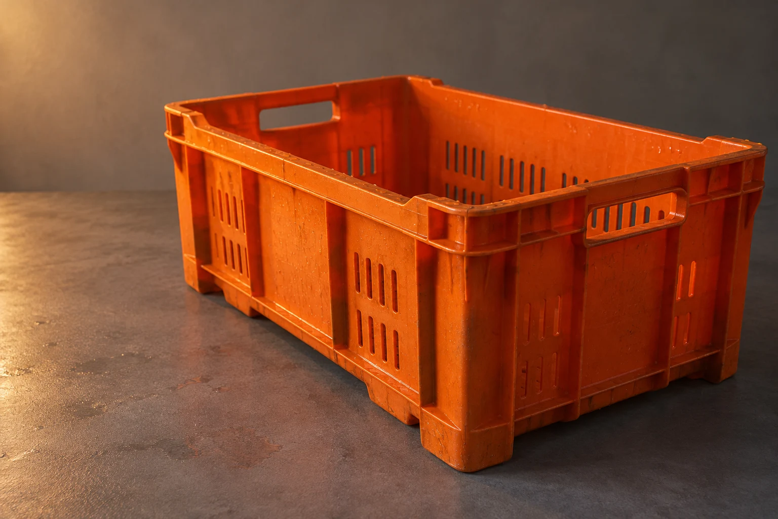 An empty orange plastic crate with drainage slots and integrated handles sits on a grey work surface, shown in a close three-quarter view against a shaded grey…