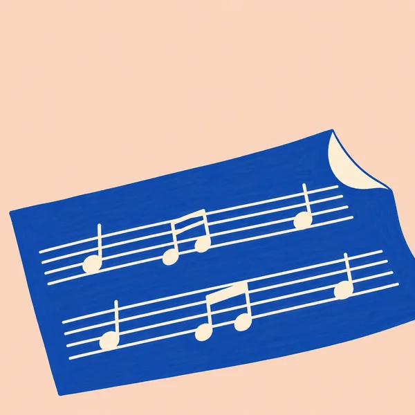 A broad ink-blue sheet of music lies diagonally across a pale peach background, with cream musical notes and staff lines and an upper-right corner curled…