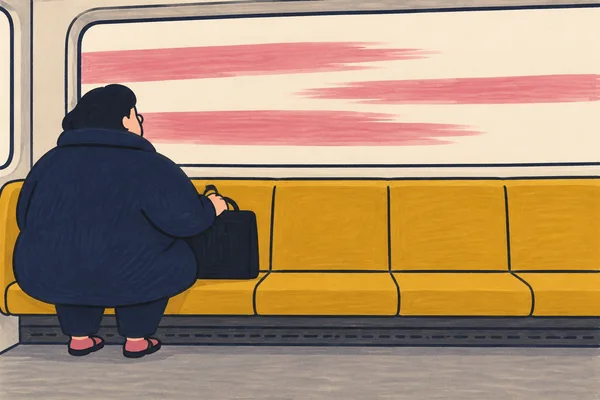 A person in an oversized navy coat stands or leans in front of the left end of a long mustard train bench, holding a dark work bag and facing a large window…