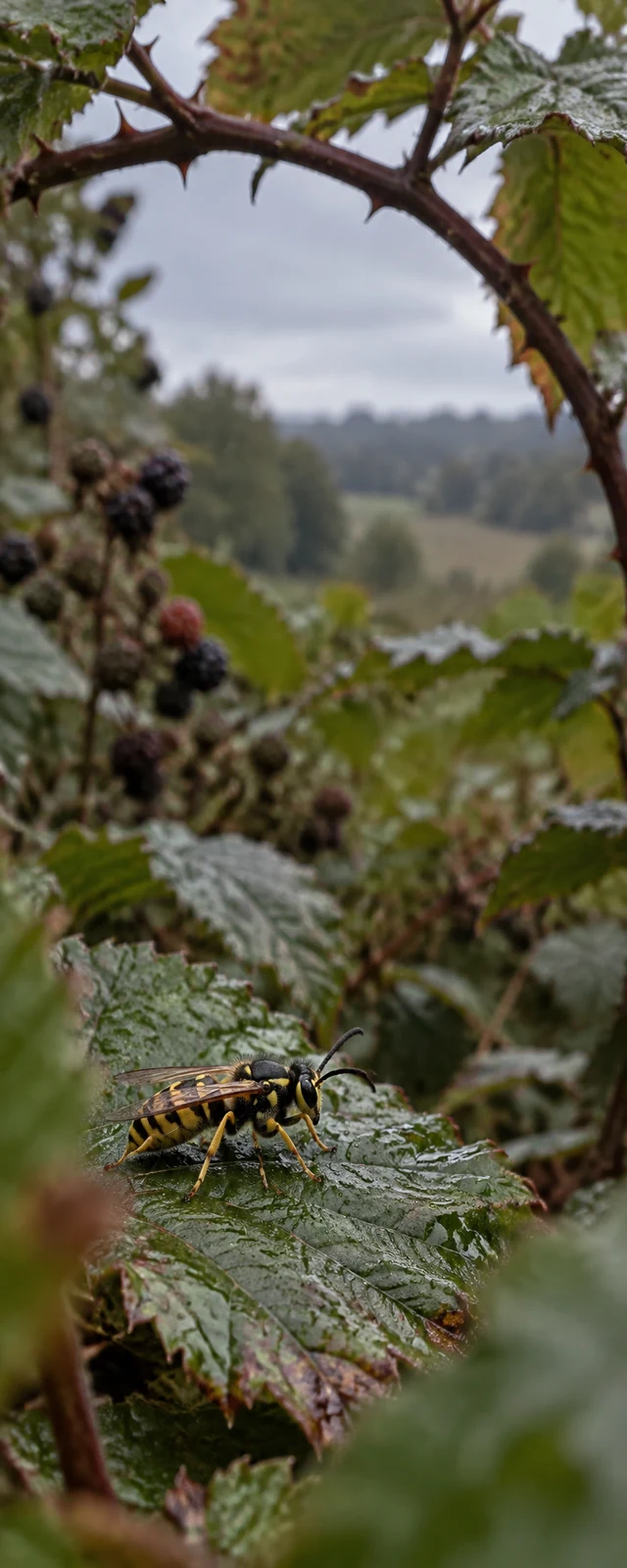 A yellow-and-black wasp walks across a rain-speckled bramble leaf in the lower part of a vertical hedgerow scene, framed by curved thorny stems and blurred…