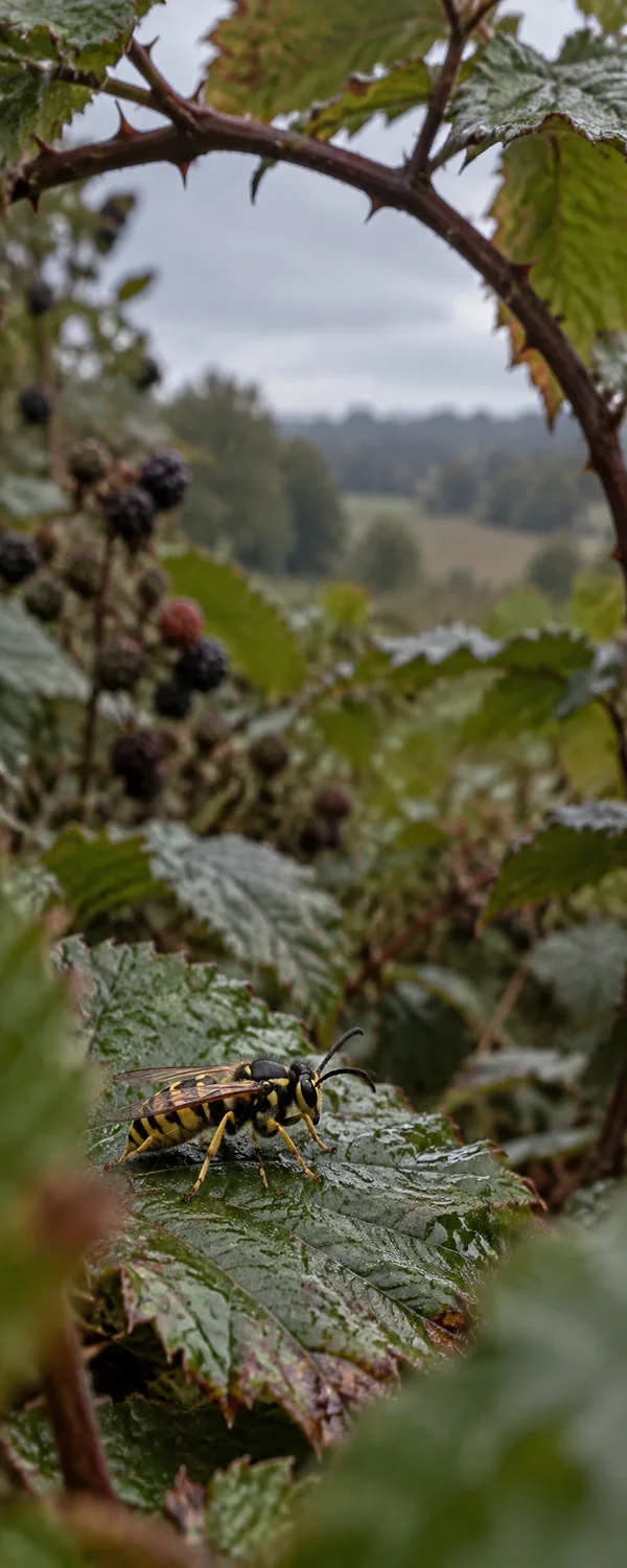 A yellow-and-black wasp walks across a rain-speckled bramble leaf in the lower part of a vertical hedgerow scene, framed by curved thorny stems and blurred…