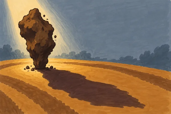 A tall, irregular dark-brown clod of soil stands on an ochre field, casting a broad plum-brown shadow toward the lower right under a pale golden beam of light.