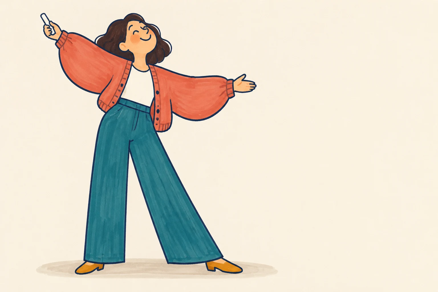 A smiling illustrated teacher stands with legs apart and arms spread, holding a short white piece of chalk in one hand.