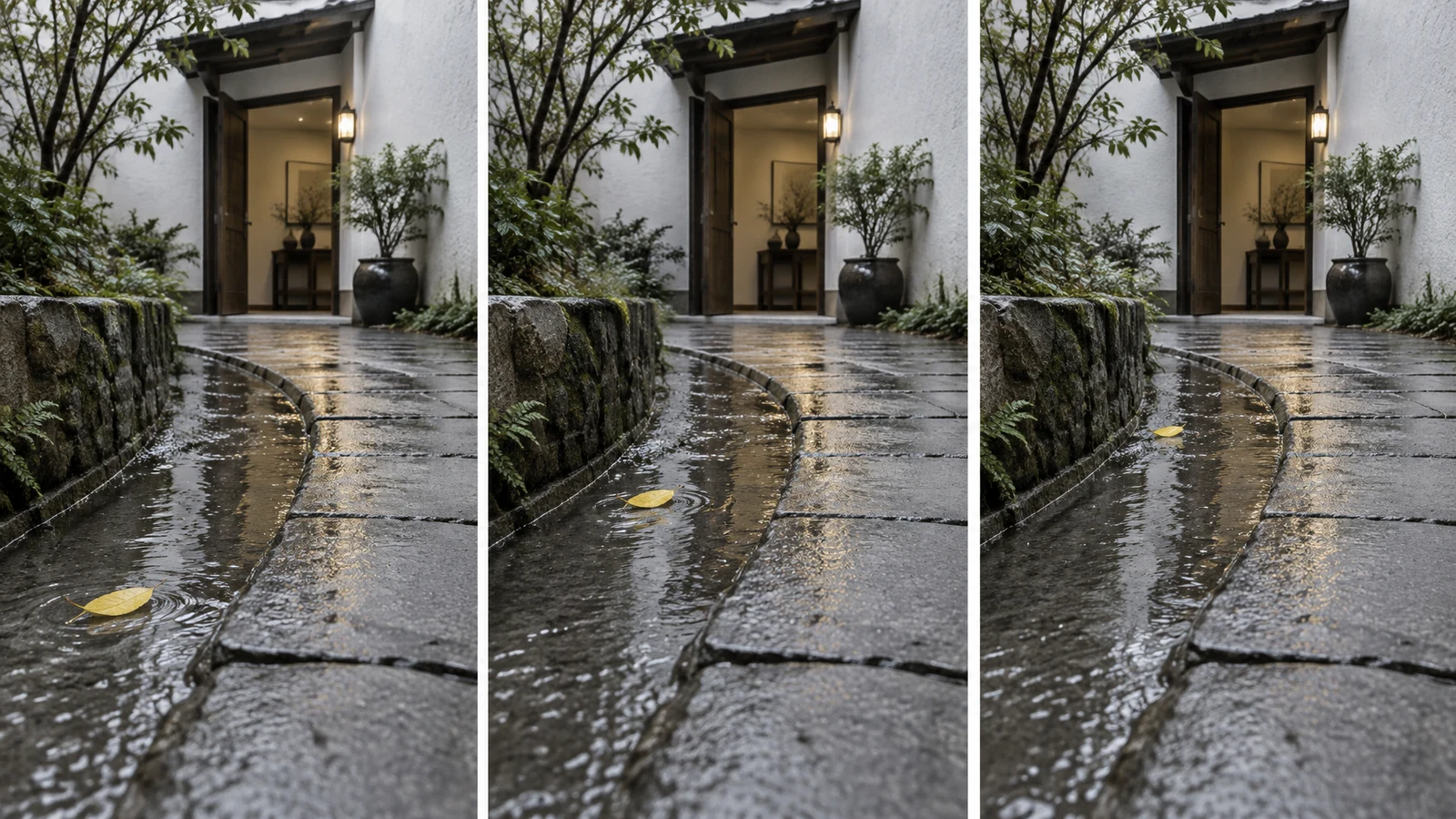 Three equal vertical panels show a wet flagstone path curving through a planted courtyard toward an open, warmly lit doorway.