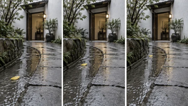 Three equal vertical panels show a wet flagstone path curving through a planted courtyard toward an open, warmly lit doorway.