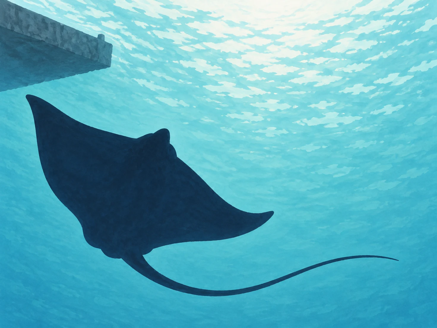 A large dark navy stingray silhouette swims beneath a bright aqua water surface, its long tail curving across the lower frame; a slate-blue breakwater projects…