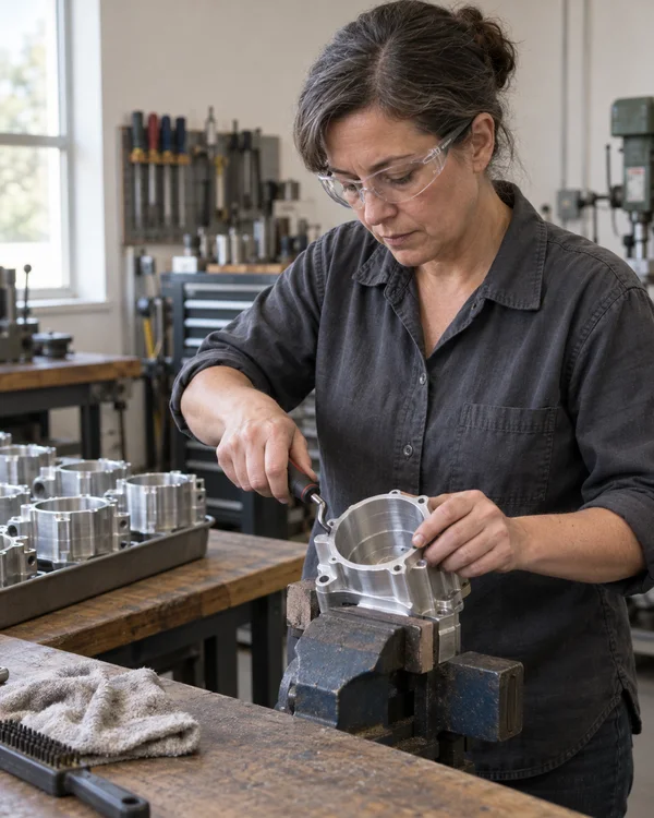 A woman wearing clear safety glasses and a charcoal work shirt uses a hand deburring tool on a machined metal housing held at a bench vise.