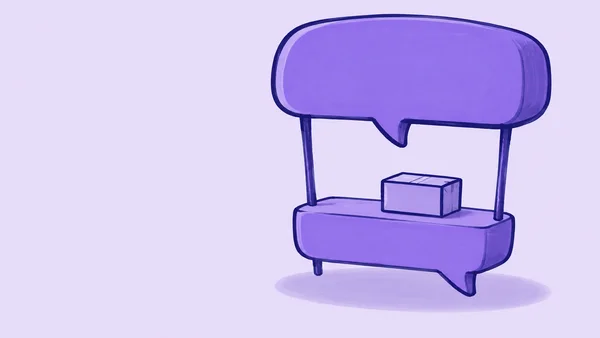 A hand-drawn violet stall made from two speech-bubble shapes stands on a pale lavender ground, with a plain parcel on its counter and open space to the left.