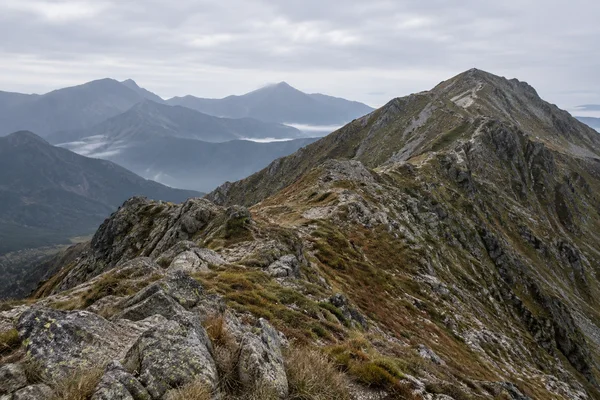 A rugged, lichen-spotted rocky ridge with muted alpine grasses climbs toward a summit on the right, with layered blue-grey mountains and mist-filled valleys…