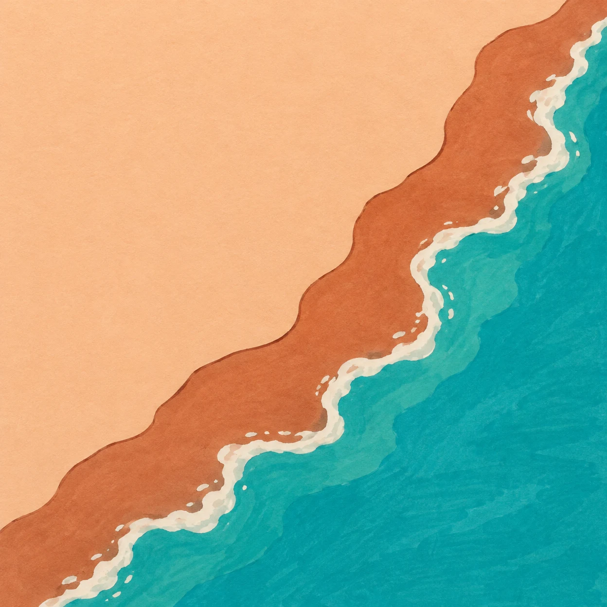 A stylized overhead coastline with broad peach sand at upper left, a scalloped terracotta band of wet sand, a narrow ivory foam edge, and turquoise water…