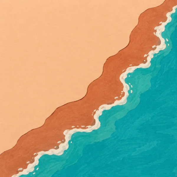A stylized overhead coastline with broad peach sand at upper left, a scalloped terracotta band of wet sand, a narrow ivory foam edge, and turquoise water…