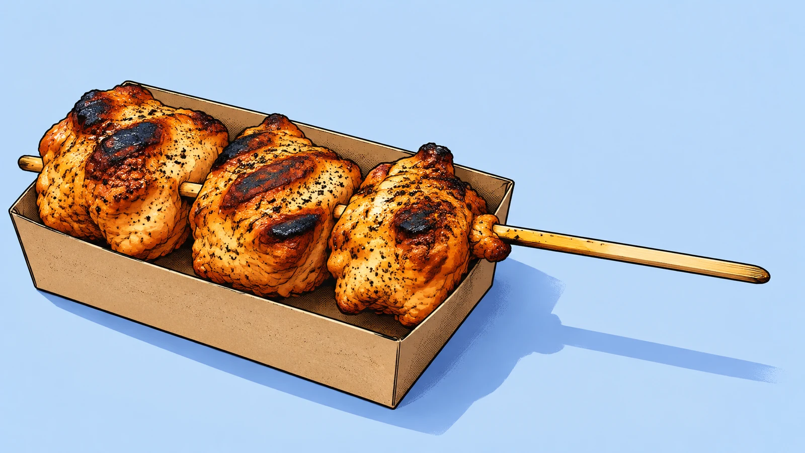 Three heavily marked golden-orange grilled chicken pieces sit on a horizontal wooden skewer in an open kraft box, with the bare stick extending into empty…