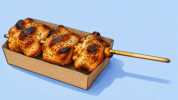 Three heavily marked golden-orange grilled chicken pieces sit on a horizontal wooden skewer in an open kraft box, with the bare stick extending into empty…