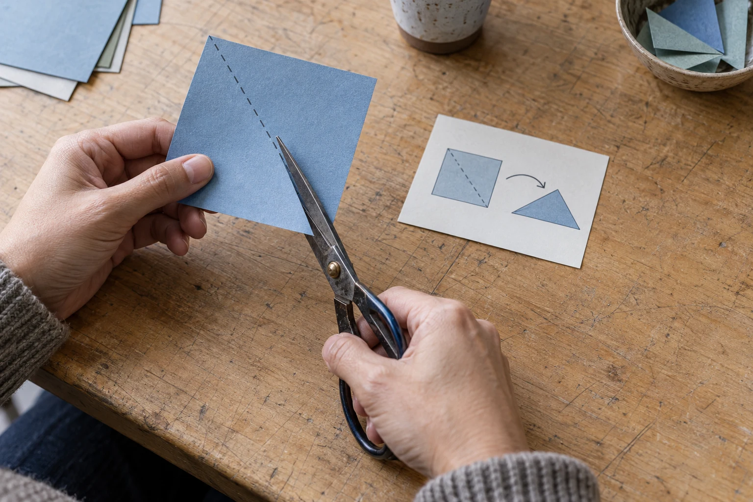 Two hands hold a blue paper square and worn scissors over a scratched wooden table, with the blades positioned along a dashed diagonal guide.