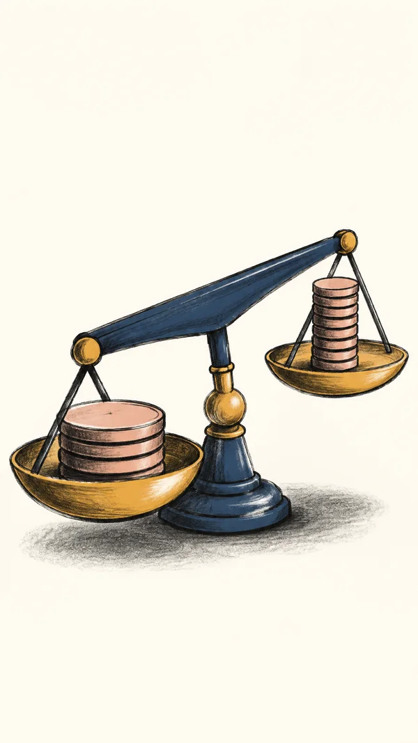 A charcoal-style illustration of a dark blue balance scale with a broad coin stack in the lower left pan and a taller, narrower stack in the raised right pan…