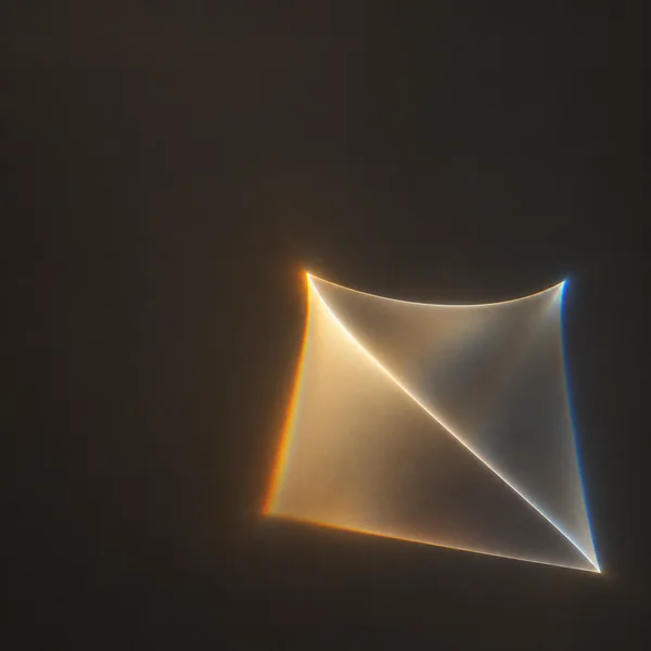 A skewed translucent trapezoidal light form hangs against a warm-charcoal ground, with a bright diagonal ridge, champagne-gold illumination, and amber and blue…