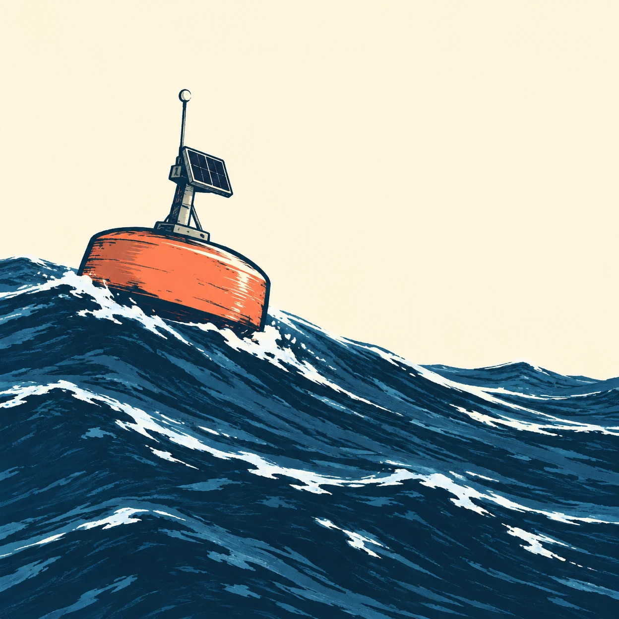 A broad coral-orange research buoy with a dark solar panel rides a rolling deep-blue wave beneath a warm cream sky.