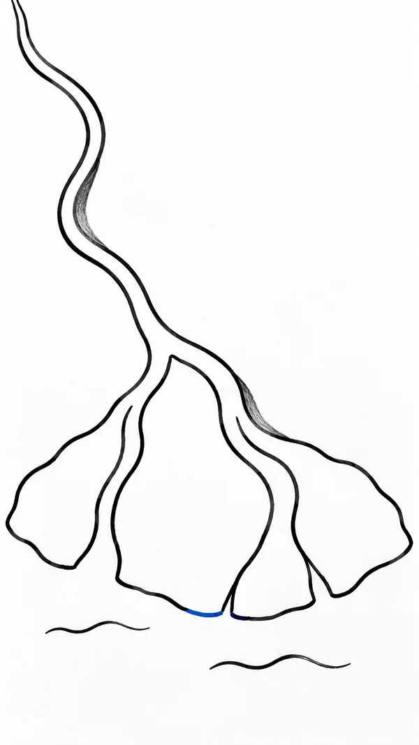 A hand-drawn river runs from the upper-left edge and branches into a broad delta of white land lobes, with a blue mark at one outlet and two wave strokes below.