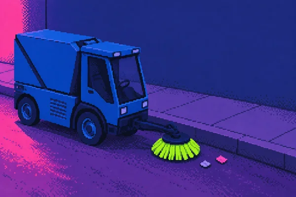 A cobalt-blue pixel-art street sweeper sits beside a curb, its long arm extending to a bright chartreuse circular brush near two small scraps on violet…