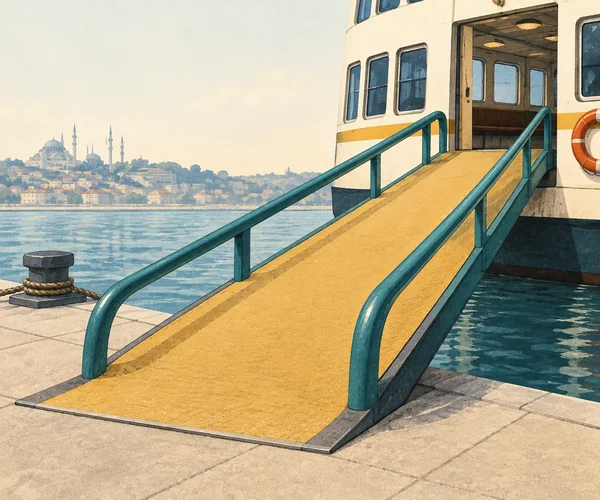 A broad ochre boarding ramp with rounded teal handrails leads from a tiled pier to the open doorway of a cream ferry.