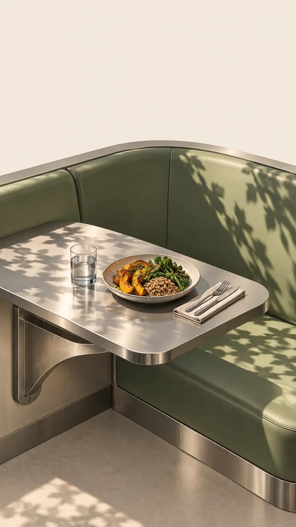 A ceramic plate of roasted squash, green vegetables and grains sits on a brushed-metal table with a water tumbler and cutlery, in front of a curved sage-green…