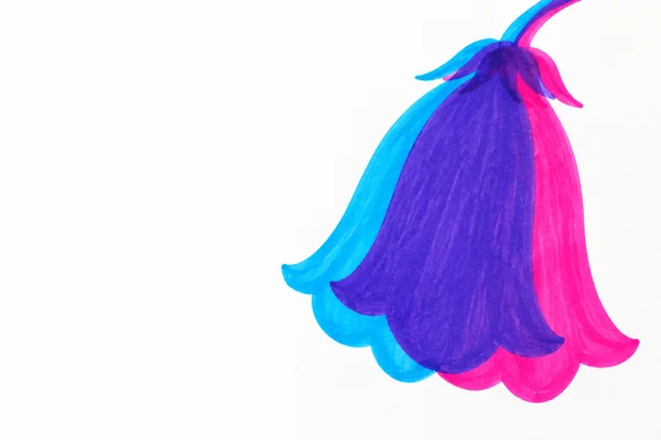 An oversized bell-shaped flower hangs from a curved stem entering the top edge, drawn in overlapping cyan and magenta with a deep violet center against an…
