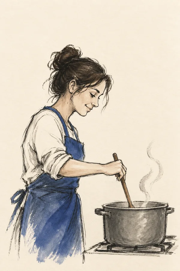 A woman in a blue apron leans over a charcoal-grey pot, stirring it with a long wooden spoon.