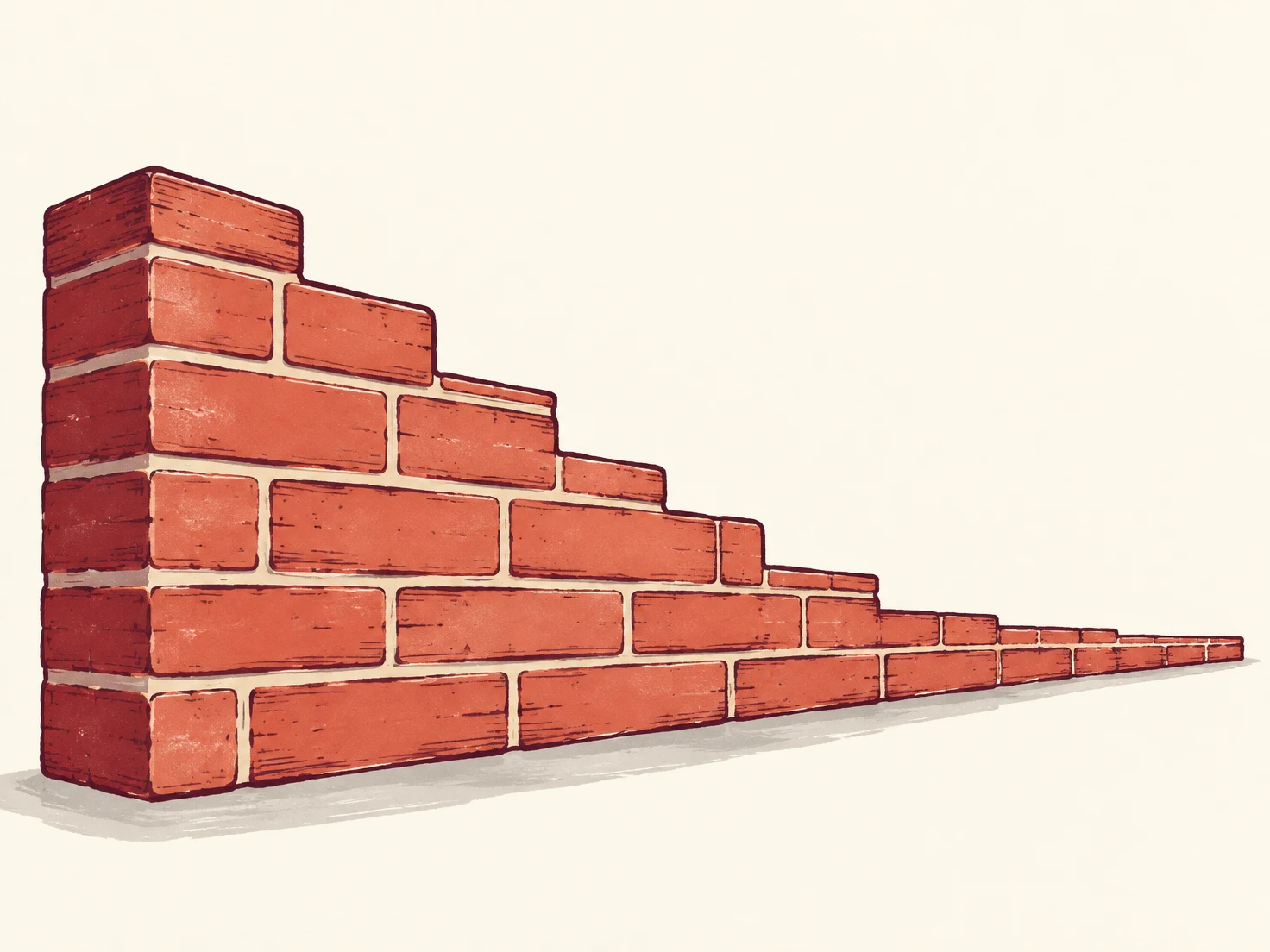 A hand-drawn terracotta brick wall stands on a plain cream ground, tall and thick at the left before stepping down into a long, low tail that recedes to the…