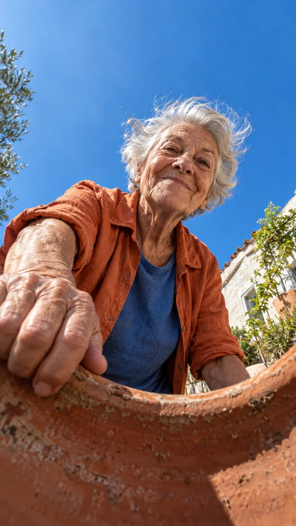 An elderly woman with tousled silver hair leans over a weathered terracotta pot in a sunny courtyard, looking down with a slight grin; her oversized foreground…