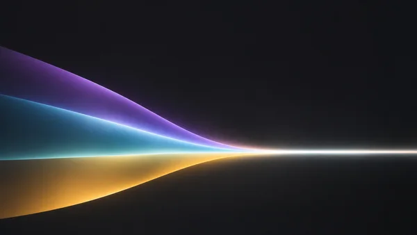 Translucent violet, cyan and amber light bands sweep in from the left across a charcoal background, narrowing into a bright white beam that continues to the…