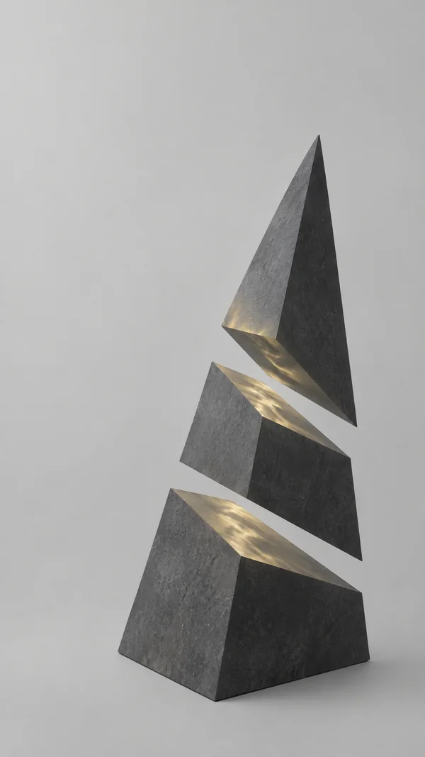 Three dark graphite-grey angular stone-like sections float apart in a vertical stack, with muted gold highlights on their oblique cut faces against a pale grey…