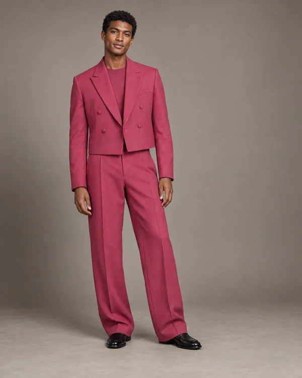 A full-length male model with short curly hair wears a raspberry-pink double-breasted suit, matching crewneck and black shoes against a warm-grey studio…