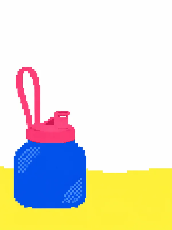 A squat, wide cobalt-blue water bottle with a hot-pink lid and tall narrow carry loop stands on lemon-yellow ground beneath a white sky; two pale-blue…