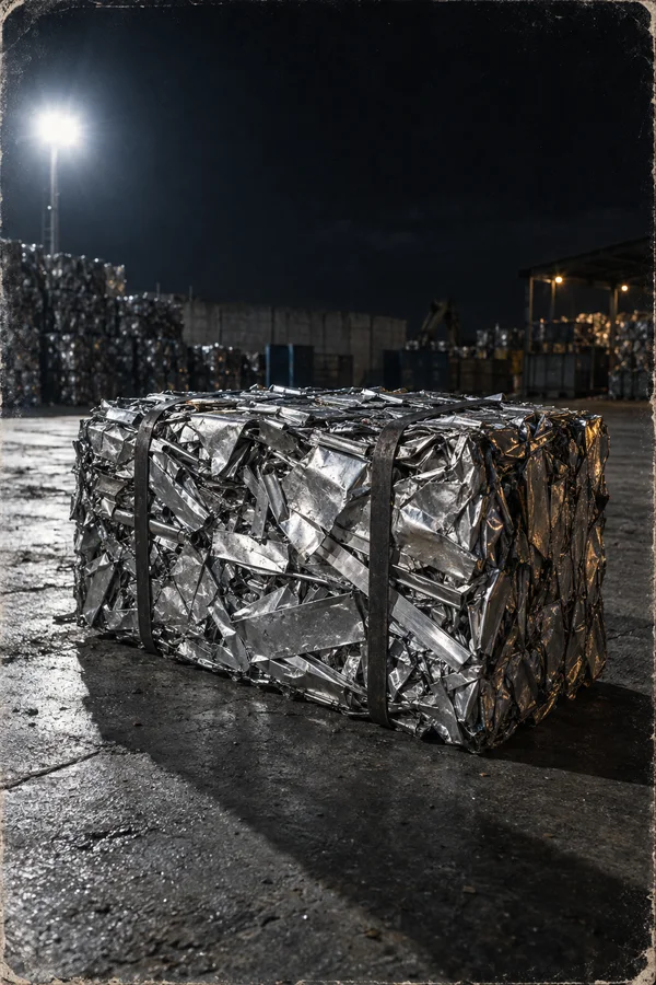 A rectangular bale of crumpled silver metal scrap bound with dark straps sits on wet concrete in a night-time recycling yard, lit by a bright floodlight at…