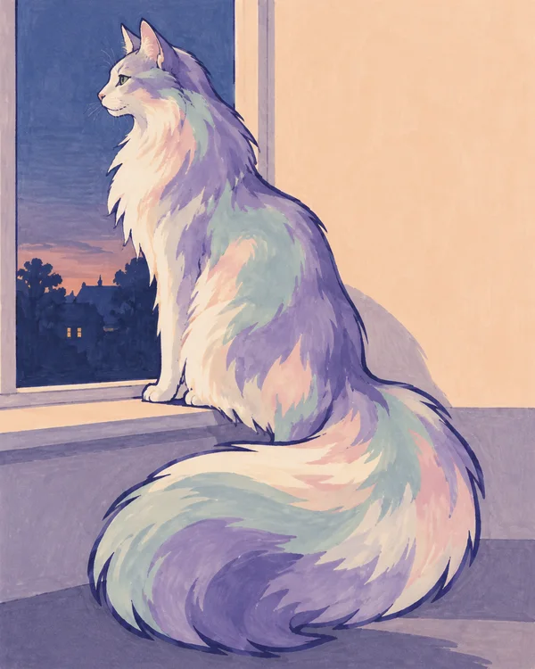 A long-haired cat sits in profile on a windowsill, looking left, with a large lavender, mint and cream tail curled across the foreground.