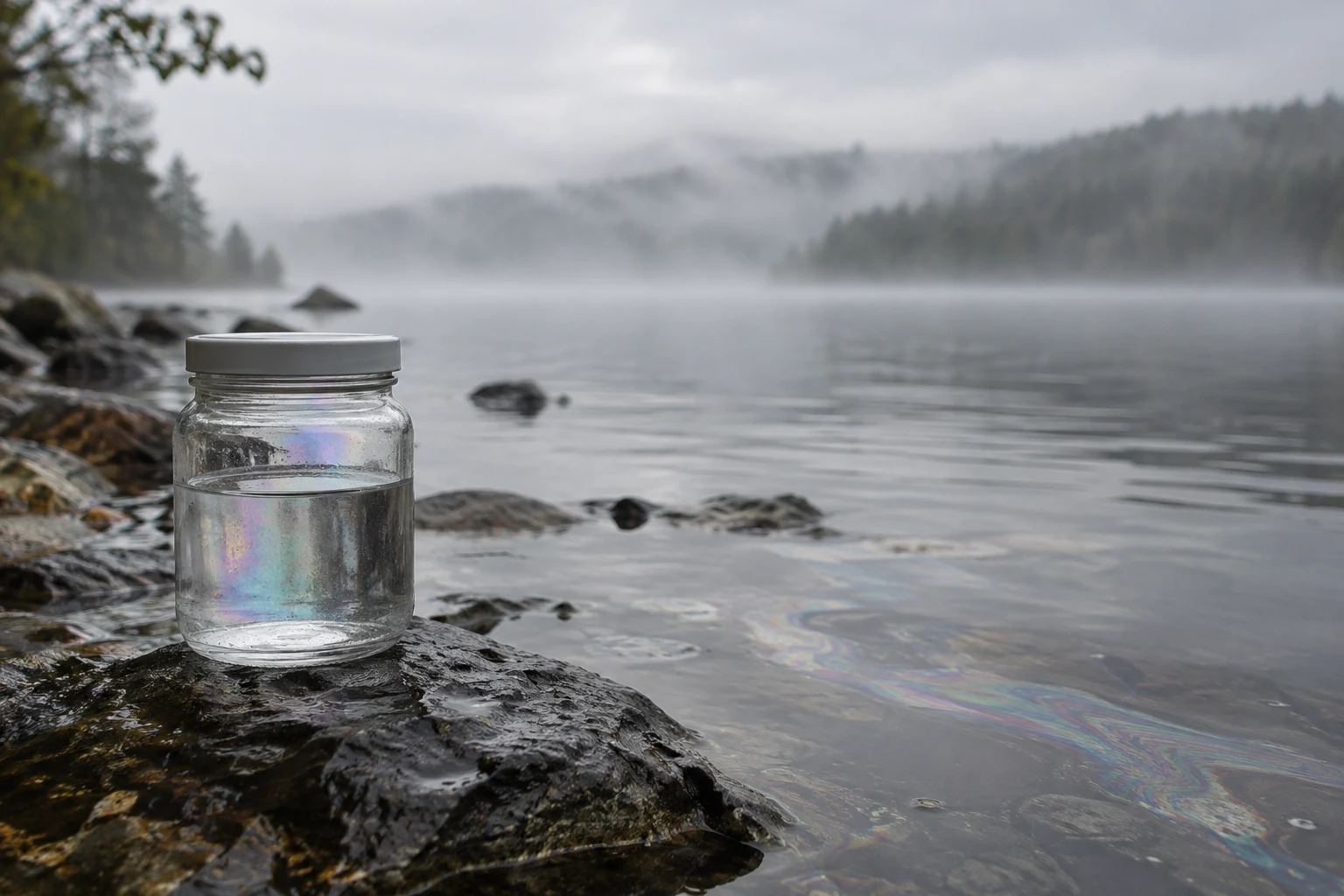 A clear glass jar with a grey screw lid sits on dark wet shoreline rocks beside a calm, misty lake.