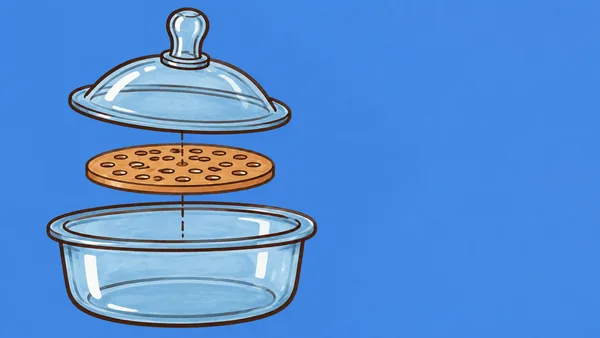 A hand-drawn illustration of an exploded glass desiccator on a blue background, with a domed lid, perforated caramel-colored shelf and wide glass bowl aligned…