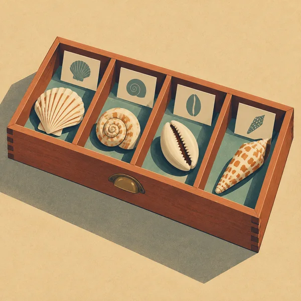 A terracotta wooden collector’s drawer sits diagonally on a warm sand-colored background, with four compartments holding a scallop, spiral shell, cowrie and…