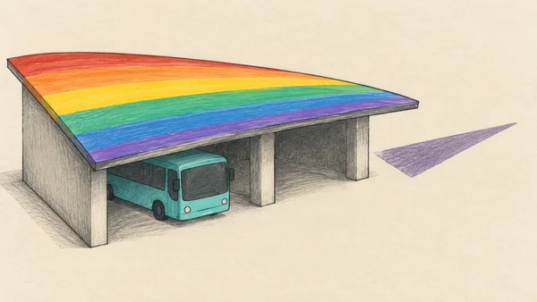 A hand-drawn bus depot with a broad rainbow-striped roof shelters a turquoise bus on warm paper; a detached violet wedge sits to the right.
