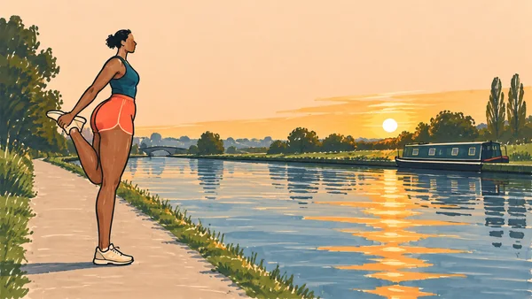A woman in a teal top, coral shorts and cream trainers holds one foot behind her in a standing quadriceps stretch on a canal towpath at sunset; a narrowboat…