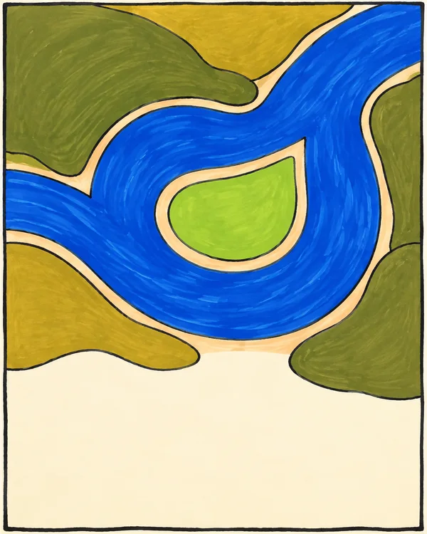 A cobalt-blue river forms a broad horseshoe around a lime-green meadow, bordered by sandy banks and rounded olive and ochre land shapes; the hand-drawn panel…