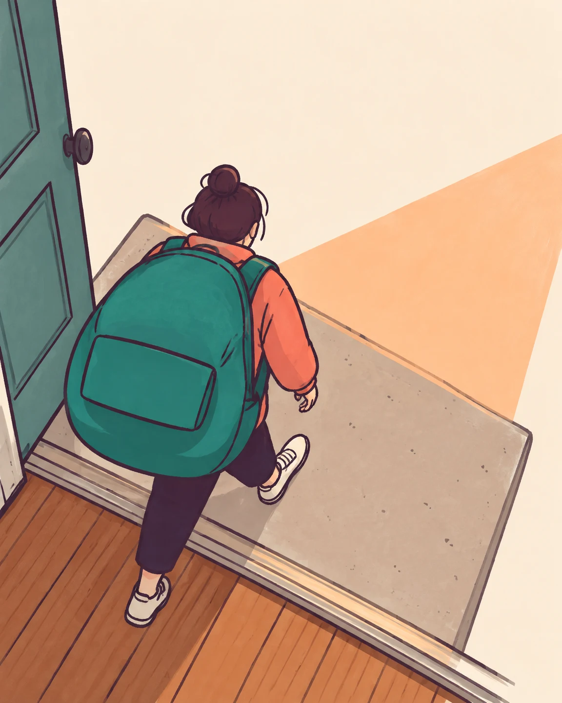 A person with a large teal backpack steps through an open teal door from a wood-plank interior onto a pale outdoor doorstep, with a diagonal peach patch of…