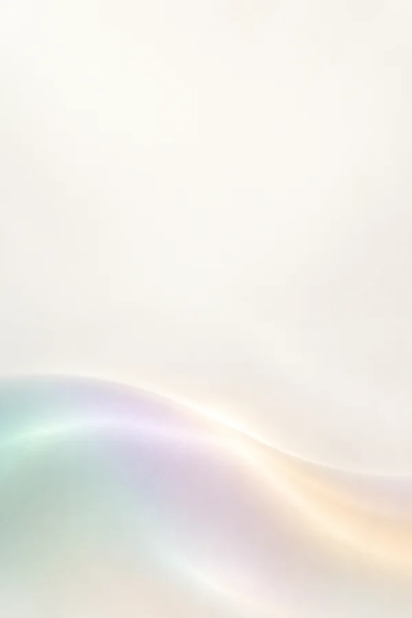 A warm pearl-white abstract field with a soft, curved band of pale jade, silvery lilac and champagne tones filling the lower portion of the portrait image.