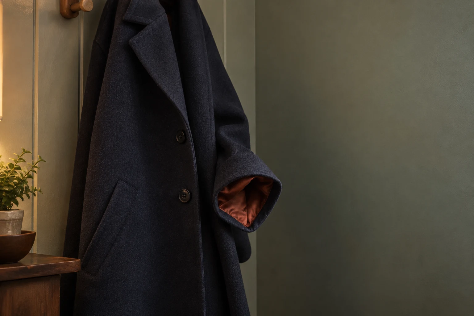 A navy wool overcoat hangs from a wooden wall peg, with its turned-out cuff showing rust-coloured satin lining against a muted grey-green wall; a small table…