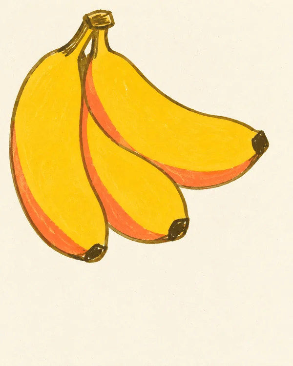 A hand-drawn illustration of three golden-yellow bananas with coral shadows and dark ochre outlines, hanging from a chunky stem against a warm ivory…